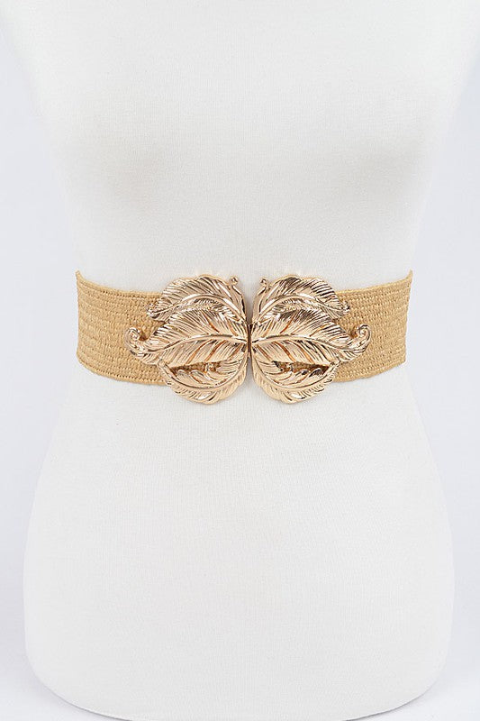 Gold Leaf Buckle Stretch Straw Belt
