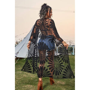 EMBROIDERED MESH TIE FRONT LONGLINE KIMONO