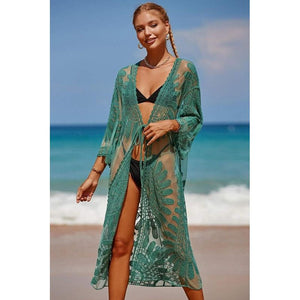 EMBROIDERED MESH TIE FRONT LONGLINE KIMONO