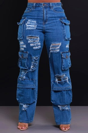 High Rise Pockets Distressed Cargo Jeans
