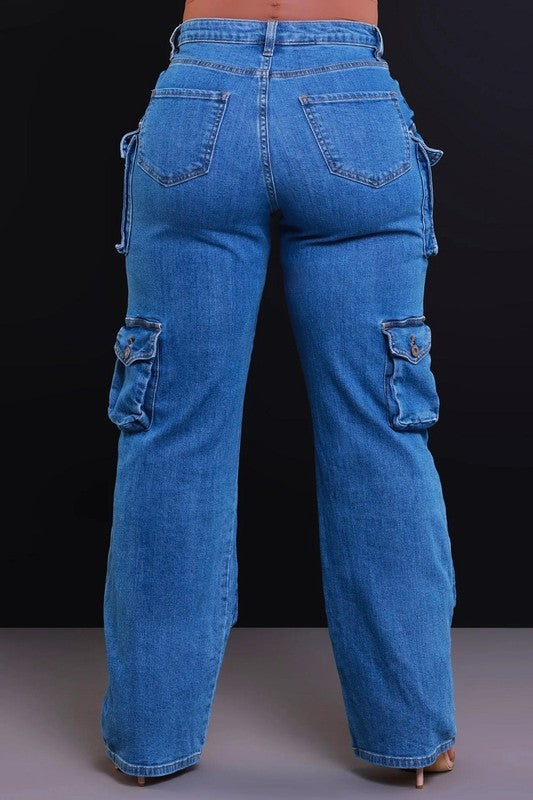High Rise Pockets Distressed Cargo Jeans