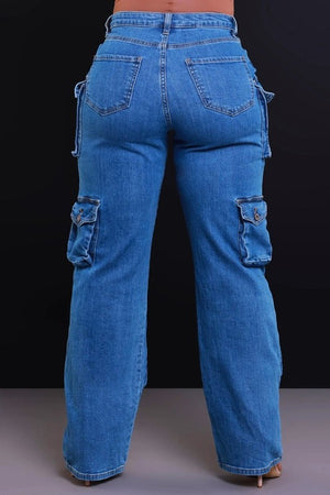High Rise Pockets Distressed Cargo Jeans