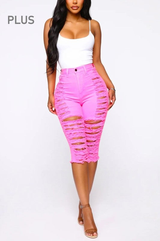 Hgh Rise Distressed Pink Bermuda Shorts