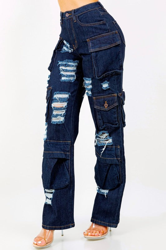 High Rise Multi Pockets Distressed Cargo Jeans