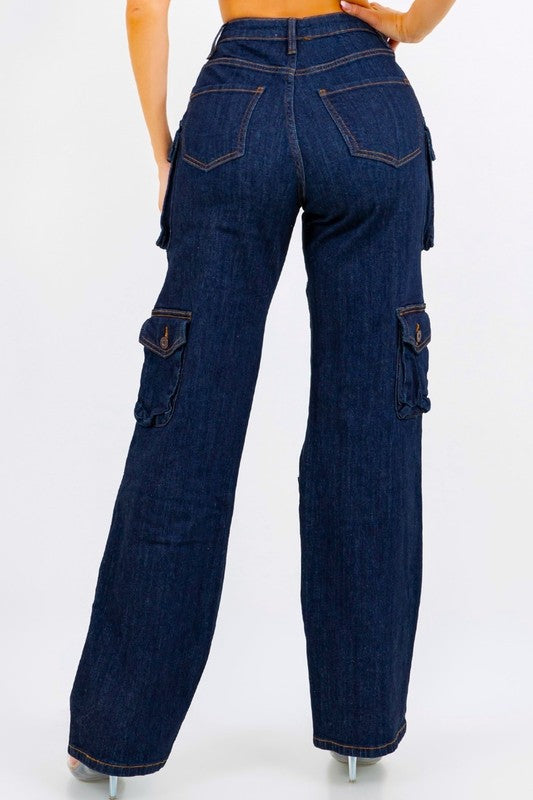High Rise Multi Pockets Distressed Cargo Jeans