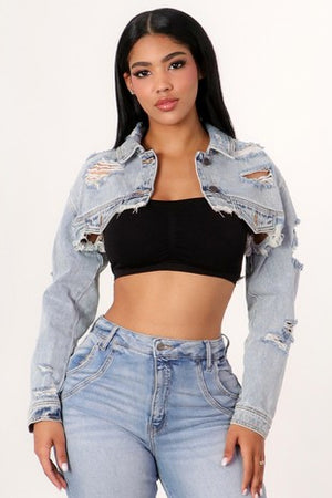 Distressed Cropped Long Sleeve Denim Jacket