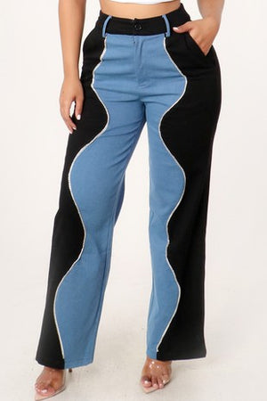Rhinestone Denim Contrast Wide Leg Pants