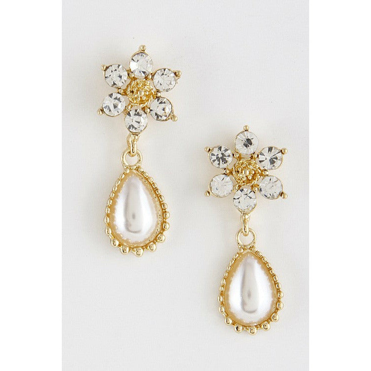 Simple Flower Rhinestone Faux Pearl Earring