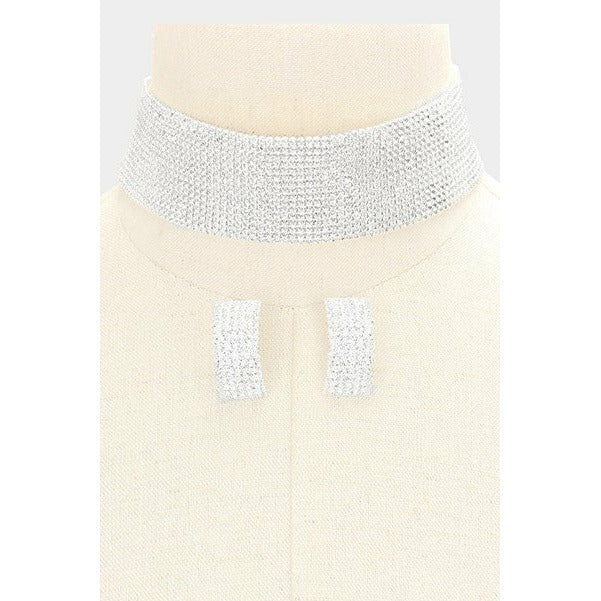 Silver Crystal Rhinestone Choker Necklace Set