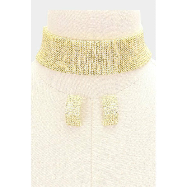 Gold Crystal Rhinestone Choker Necklace Set